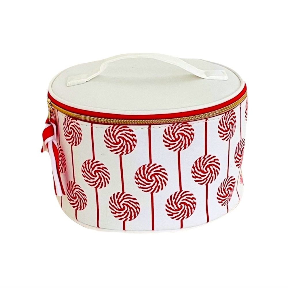 NEW Clarins Cosmetic Case — Round w/ Striped Candy Design & Red Interior NWOT